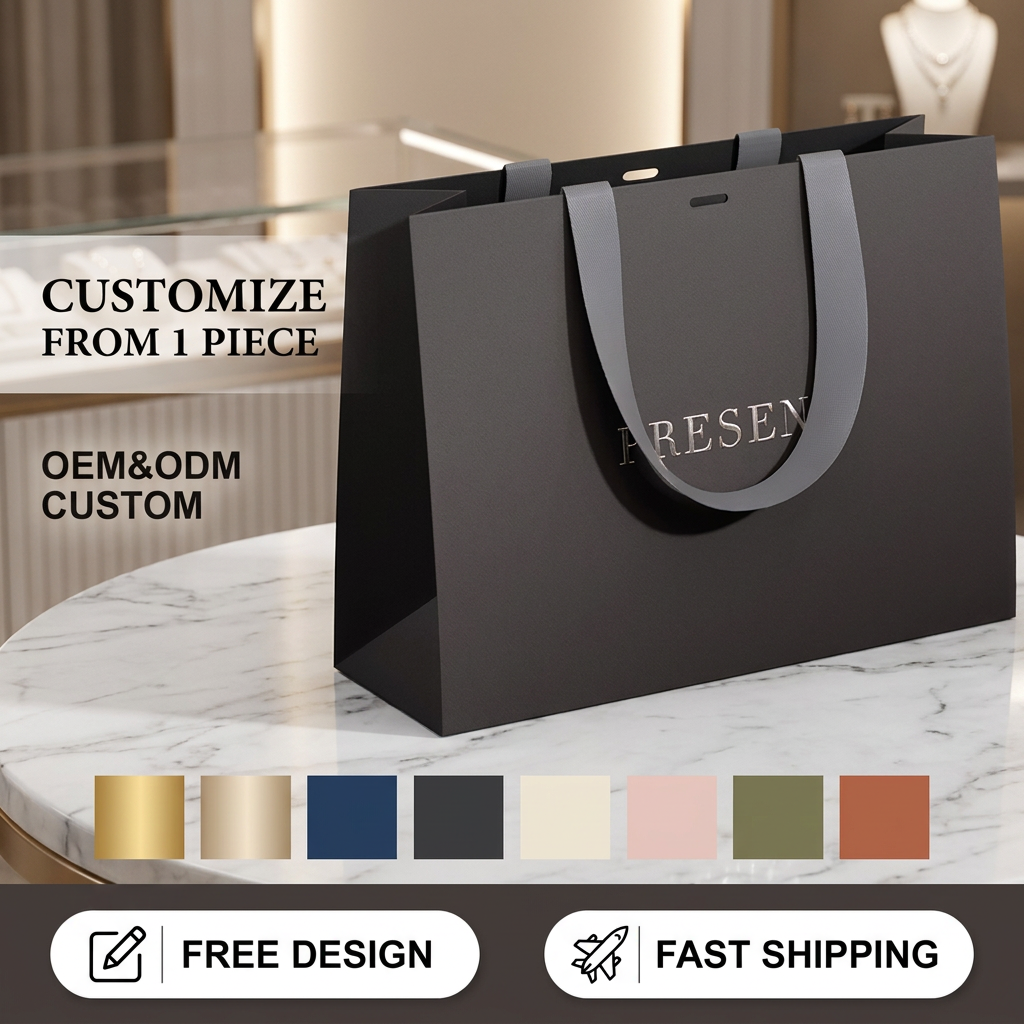 Custom Logo Luxury Ribbon Handle Boutique Shopping Packaging Black Paper Bags With Your Own Logo