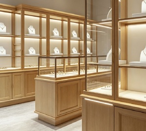 Ensemble de présentoirs de bijoux en bois naturel élégants et personnalisables, comprenant des armoires murales, des comptoirs et des rangements verrouillables - Product Image 2
