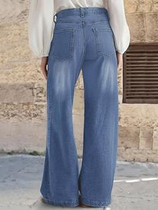 Jean tendance 2026 pour femme, bleu clair vintage, taille haute, coupe large, en <span class=keywords><strong>denim</strong></span> écologique délavé, avec poches décoratives à boutons - Product Image 3