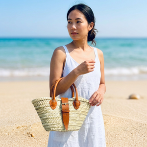 Women Straw Mini Handbag <b>Leather</b> Handles Bohemian Style Beach Casual Durable <b>Woven</b> Basket <b>Bag</b> Two Handles Cotton Buckle Closure - Product Image 1