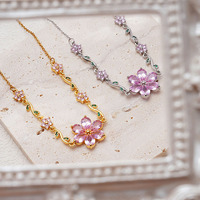 Kalung Liontin Zirkon Bunga Sakura Wanita Pink Flower Vine Rantai Trendy Berlapis Emas Hadiah
