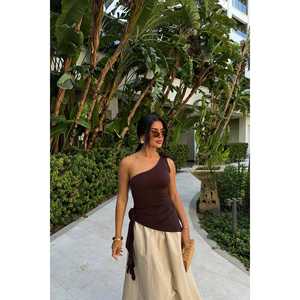 Autumn/<b>Winter</b> Casual Brown Rose Detail Ruched Blouse XL Size Cotton Knitted Tank <b>Top</b> Breathable Fashionable Crop <b>Top</b> Solid - Product Image 5