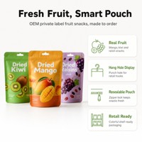 Verpakkingen voor fruit snacks op maat, zakjes voor gedroogd fruit, hanggat, klaar voor presentatie, hersluitbaar, retail, private label levering