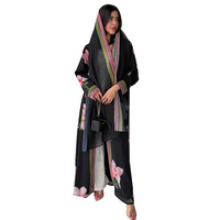 Abaya Hafizah noire et rose à imprimé floral, robe musulmane de Dubaï, vente en gros, kaftan à bordure rayée, Ramadan Aïd 2026, fournisseur d'usine en gros