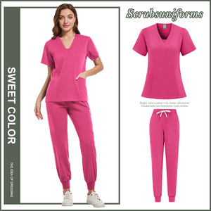 Women's Scrub Set V-Neck Short Sleeve Knitted Moisture Wicking Hospital Uniform Split Set For Medical Dental Use - Product Image 5