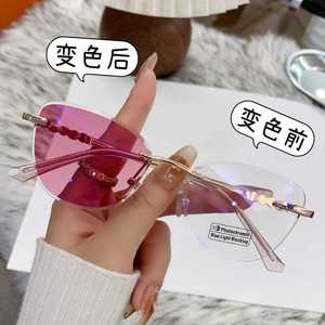 แว่นกันแดดทรงแคทอายไร้กรอบ รุ่น KJ-95028 สำหรับผู้หญิง เลนส์ PC ป้องกันรังสียูวี 400 น้ำหนักเบา กรอบพลาสติกและโลหะ ระดับป้องกันแสงแดดคลาส 2 - Product Image 3