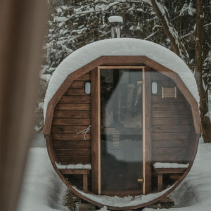 Moderne 3-Personen Redwood Barrel Sauna Großhandels preis Mit <span class=keywords><strong>Bluetooth</strong></span> Audio Spire Dach Glastür Konstruierte Red Cedar Pine - Product Image 2