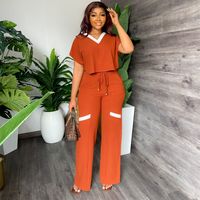 Setelan Wanita Tracksuit Polos V-neck Kaos Lengan Pendek + Celana Panjang Lebar Model Suit Kantor Wanita Musim Panas Fashion Dua Potong