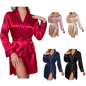 Women Luxury Open Long Robe with Waistband in Silk Elegant Pajamas in Loose Fit for Summer Breathable