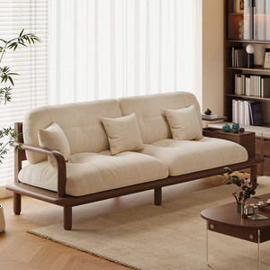 Solid Wood Living Room <b>Sofa</b> Square L-shaped Walnut Color Fabric Upholstered Chinese Style <b>Small</b> Apartment Double Three Seater - Product Image 2