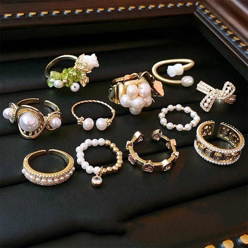 38 styles Luxury adjustable gold Zircon opal Heart butterfly Open Size Ring Women's Fashion Pearl Chain Ring Jewelry