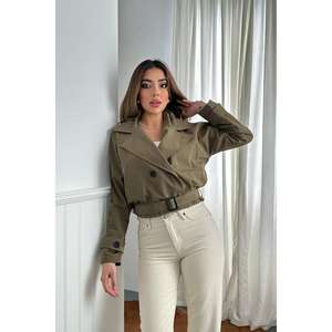 Chaqueta Corta Casual Tipo Gabardina Color Caqui con Cinturón, Cierre de Botón, Relleno de Algodón, para Primavera, Otoño e Invierno, Venta al Por Mayor - Product Image 4