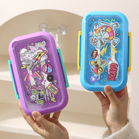 Boîte à lunch pour enfants en acier inoxydable 304 à 2 compartiments, couvercle transparent, design de dessin animé, anti-fuite, poignées bicolores avec cuillère