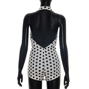 Combinaison moulante noire et blanche à pois rétro, sexy, col en V, dos nu, pour <span class=keywords><strong>femme</strong></span>, <span class=keywords><strong>combishort</strong></span> d'été - Product Image 5