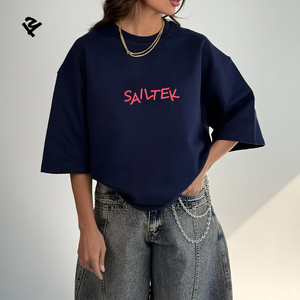 T-shirt girocollo oversize da donna blu navy personalizzata con spalle scese, vestibilità ampia, casual, <span class=keywords><strong>streetwear</strong></span>, basic, estiva, a maniche corte - Product Image 2
