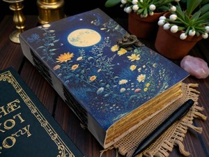 Diario de Cuero Hecho a Mano con Diseño de Flores Silvestres y Luz de Luna Celestial - Libro de Hechizos Cosido a Caballete con Papel Vintage de Borde Desflecado - Regalo - Product Image 5