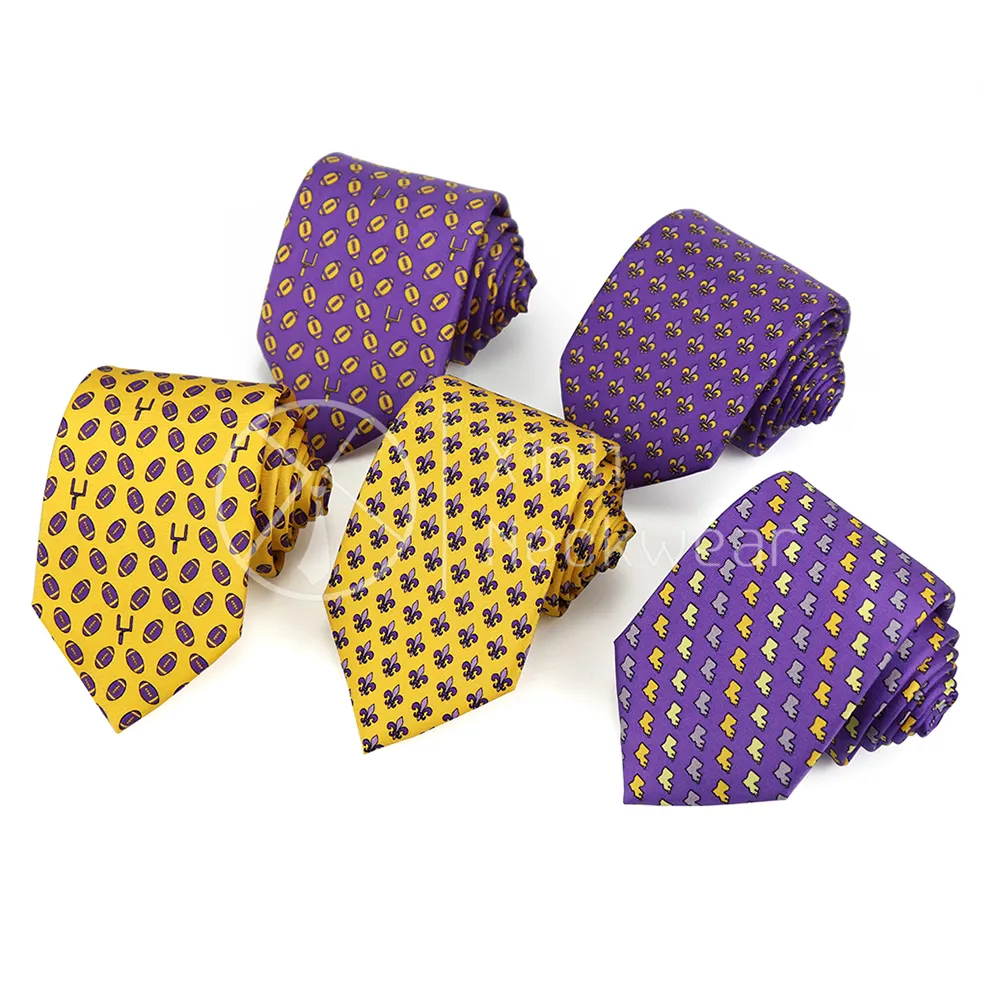 Designer Custom Fleur De Lis Floral Football Map Logo Print Ties Wholesale Yellow Purple Pattern Silk Neckties For Men