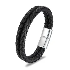 2024 nueva pulsera de cuero minimalista para hombre con hebilla magnética de acero inoxidable de cuero negro al por mayor