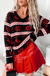 Maglione da donna con scollo a V nero di natale maglieria ampia con modello di renna rossa a cartoni animati maglione Casual invernale con Logo anteriore - Product Image 6