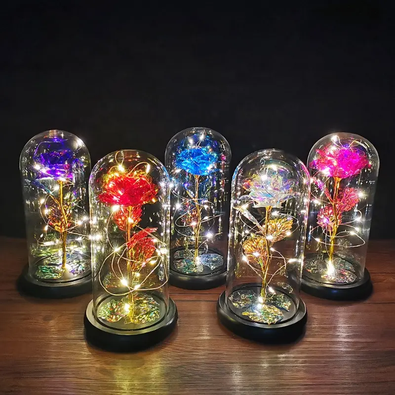 Glass Dome Artificial Flower Lamp Gifts Valentine's Love Heart Rose
