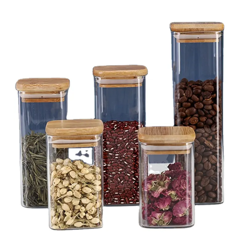 Airtight Kitchen Food Storage Box Square Glass Jars Set Glass Food Containers with Bamboo Lids