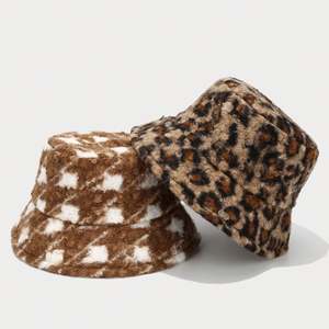 Vintage <b>Teddy</b> Velvet Fashion Warm Bucket Hat <b>Women</b> Autumn Winter British Style Thickened Furry Leopard Print Plaid Bucket Hat - Product Image 5