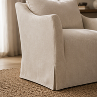 Fauteuil d'appoint rembourré beige en lin avec jupe de chaise, assise profonde, pour salon, chambre, hôtel, salle de séjour
