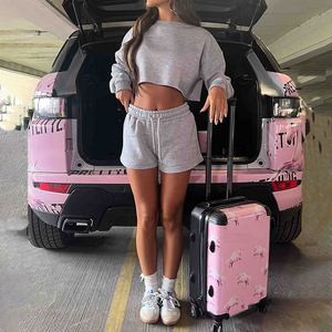 <strong>Women's</strong> Custom Two-Piece Set Oversized Cropped Raw Hem Sweatshirt and Cotton Shorts <strong>Grey</strong> <strong>Tracksuit</strong> - Product Image 2