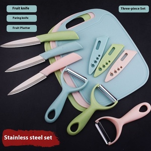 Ensemble <span class=keywords><strong>de</strong></span> trois pièces en acier inoxydable couteau à fruits manuel éplucheur <span class=keywords><strong>de</strong></span> melon coupe-légumes ménager planche à découper en PP pour éplucher la cuisine - Product Image 2