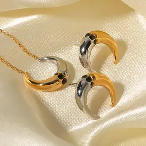 Design Silver Gold Combine Necklace Stainless Steel Moon Charm Necklace Earring Set For Women