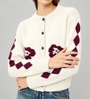 Kardigan Rajut Jacquard Bunga Wanita Kerah Bulat Kancing Depan Lengan Panjang Longgar Pola Bunga Jaket Rajut Kasual Retro Lembut