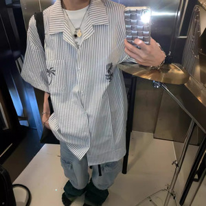 Camisa de manga corta bordada a rayas con cuello cubano <span class=keywords><strong>para</strong></span> hombre, novedad de verano, cuello Polo, informal, estilo novio BF, camisa de pareja - Product Image 3