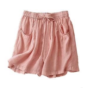 Retro Cotton Linen Wide Leg Shorts Women Summer Breathable Loose Mid Waist Casual Pants With Pockets Khaki Gray White Pink Black - Product Image 5