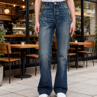 Jeans en denim décontractés et élégants pour femmes, coupe droite, taille haute double, extensibles, style bootcut, baggy, personnalisables OEM