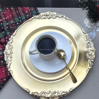 Assiettes rondes modernes en plastique doré pour décoration de mariage, vente en gros, pas cher, 13 pouces