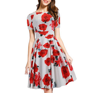 Robe d'été rétro style Hepburn pour <span class=keywords><strong>femme</strong></span>, à manches courtes, imprimé floral, longueur genou, avec appliques décoratives, grande jupe évasée - Product Image 3