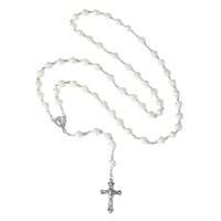 Collier chapelet blanc en forme de rose avec croix, perles de 8 mm et aiguille à neuf pointes