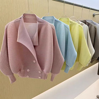 Miyake Einfarbiger Plissierter Crop-Blazer für Damen mit Fledermausärmeln, Offener Front und Knopfleiste, Elegante Büro- und Freizeitjacke, Neu
