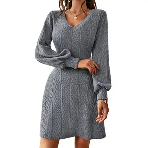 Custom Knitwear Outono Inverno Design V Neck Long Sleeved Rib Em Relevo Malha Camisola das mulheres de luxo Malha Longo Maxi Vestido Meninas