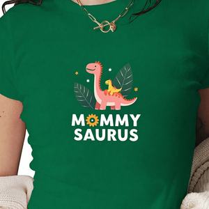 MOMMY SAURUS T-shirt tricoté à manches courtes pour femme, coupe slim, imprimé dinosaure, Y2K - Product Image 1
