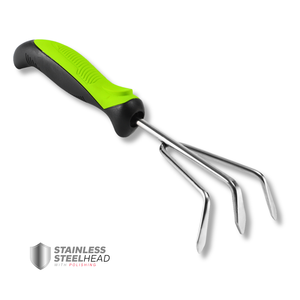 Râteau de jardin 551034, outil en métal, 3 dents, tête en acier inoxydable, manche ergonomique en PP TPR antidérapant, noir et vert, fournisseur OEM - Product Image 1