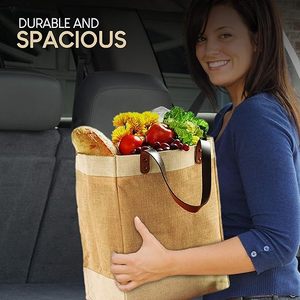 Custom Eco Fashion Shopping Valentine's Day Multi-Purpose Women's Jute <b>Bag</b> with Leather Handle - Product Image 3