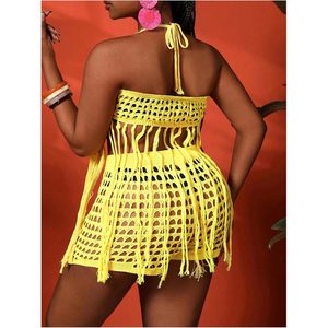 Ensemble de plage 2 pièces en coton 100 % pour femme grande taille, avec haut dos nu à franges ajourées et short taille élastique coupe ample - Product Image 2