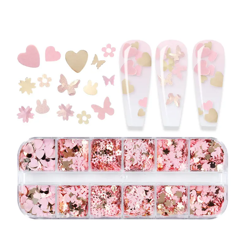 12 boîtes rose or papillon amour fleur lapin ongles beauté faux cils ornés de paillettes