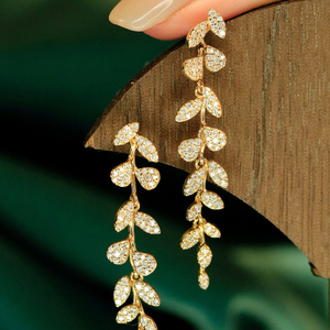 Aazuo – bijoux en or blanc massif 18 carats, or jaune, diamant naturel véritable, feuilles de fée, boucles d'oreilles longues, cadeau pour femmes, fête de mariage - Product Image 3