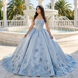 Vestido de Quinceañera Azul Brillante Satinado con Flores 3D, Modelo 8521 - Product Image 1