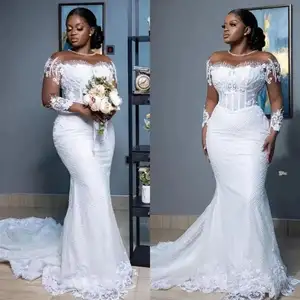 2024 new wedding dress African bride wedding grid lace trailing long sleeves mermaid white wedding dress