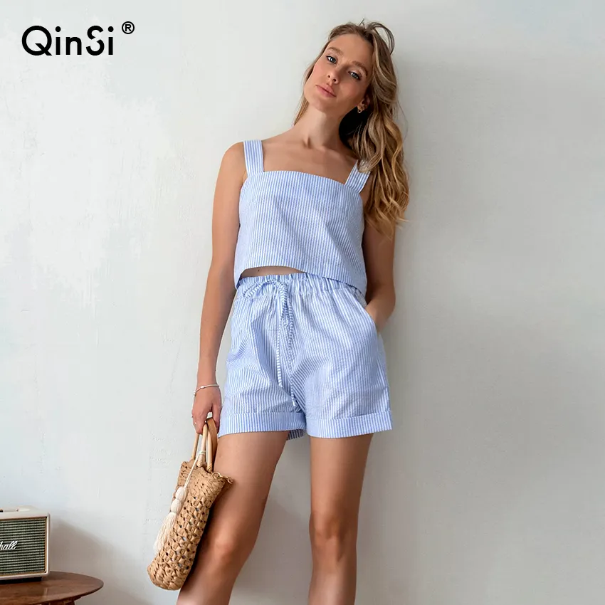 QINSI 2023 nouveau dans les vêtements de nuit pour femmes kaki cordon Shorts ensembles bleu pyjamas pour femmes culture débardeurs sans manches vêtements de détente