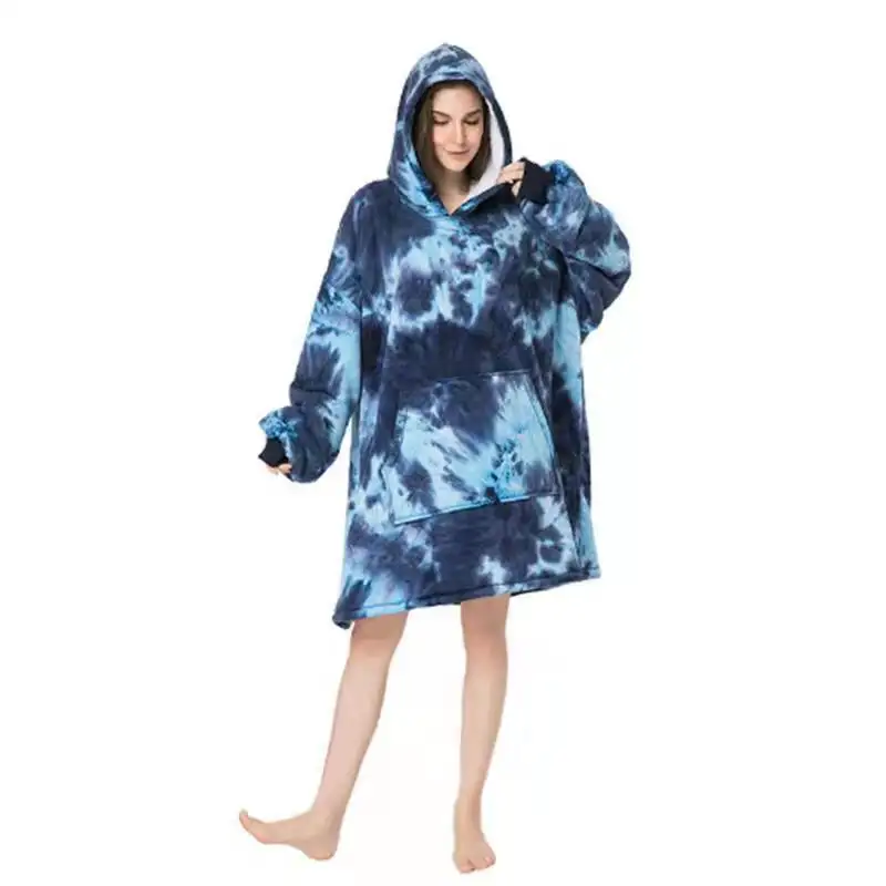 Manta de franela gruesa con capucha para dormir, ropa de descanso cálida, tie-dye