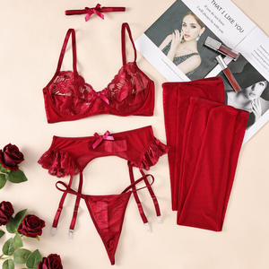 Conjunto de Lencería Exótica Rojo Oscuro para Mujer, con Medias, Bordado de Corazón para el Día de San Valentín, Sujetador y Tanga con Liguero - Product Image 6